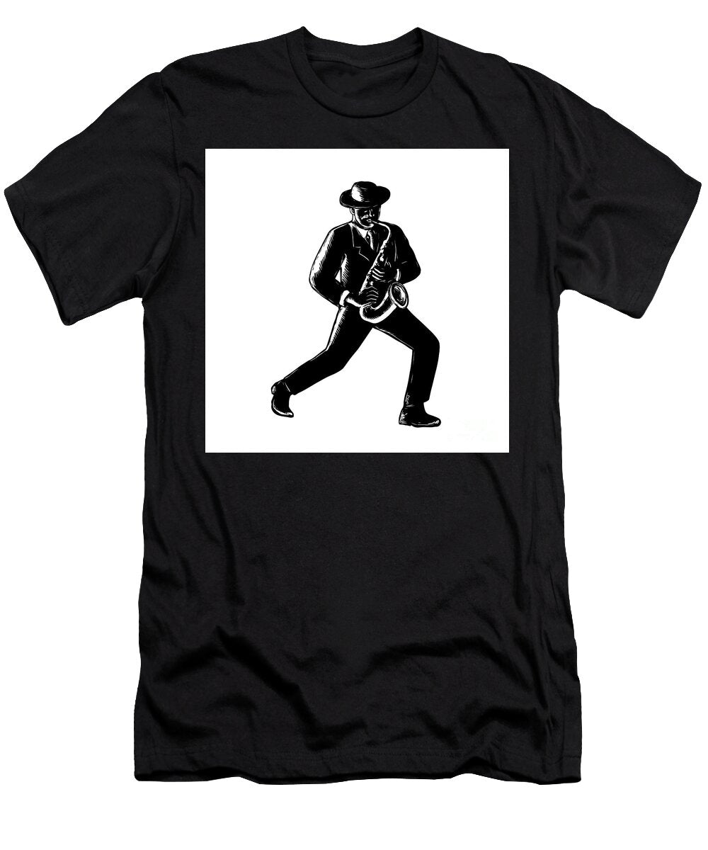 Jazz Musician Playing Sax Woodcut Aloysius Patrimonio T-Shirt