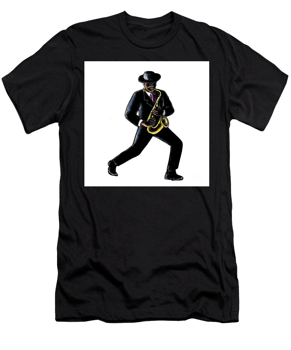 Jazz Musician Playing Saxophone Scratchboard Aloysius Patrimonio T-Shirt