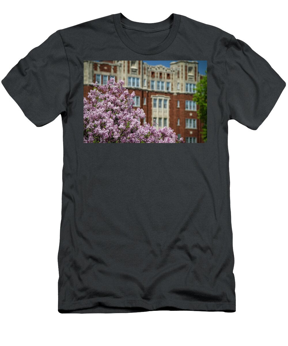 Lilacs with Davis Hall in the Background Joe Miller T-Shirt
