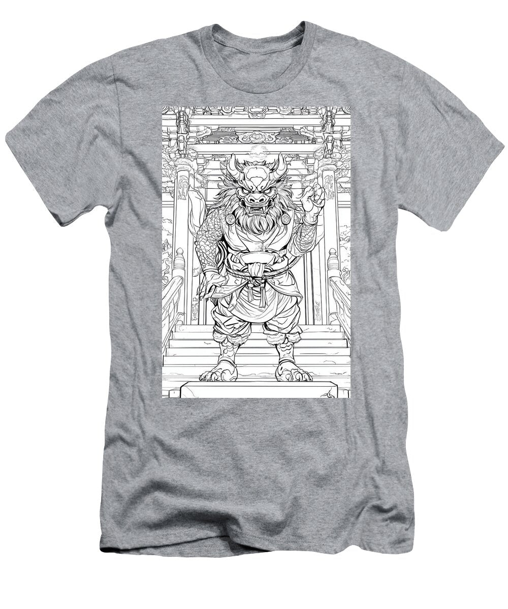 Line Art of Mythical Komainu Guardian At Shrine Entrance Renault Benoit T-Shirt