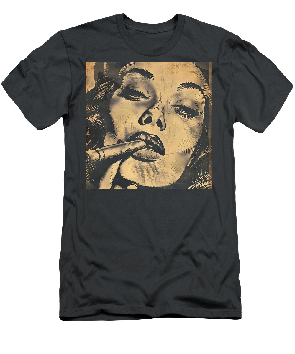 Lips of Smoke Mystique in Halftone with Sfumato Symphony of a Womans Cigar Reverie Olfactoart Studio T-Shirt