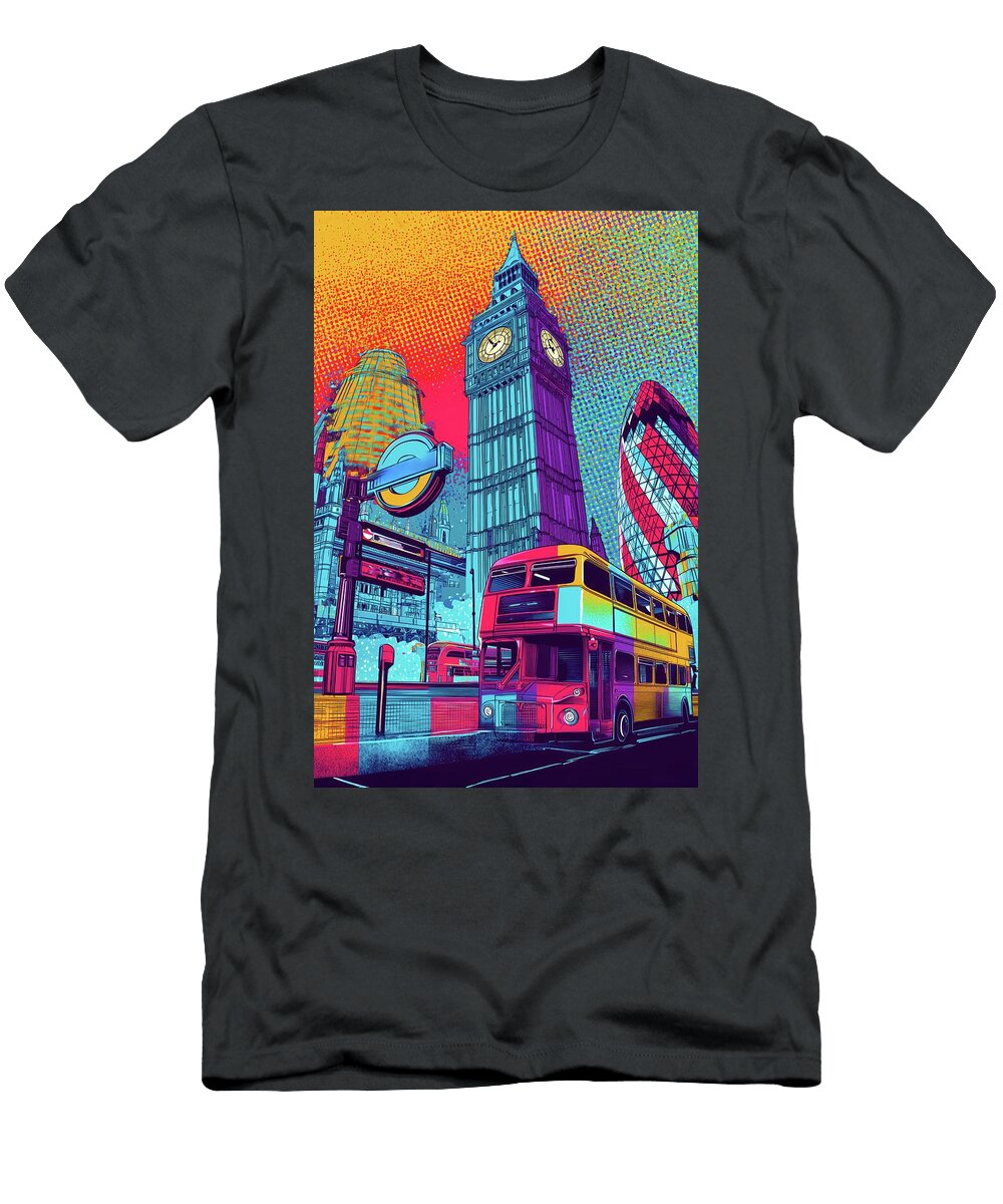 London Big Ben and Double Decker Bus Neon Pop Art Cityscape Skylinevistas T-Shirt