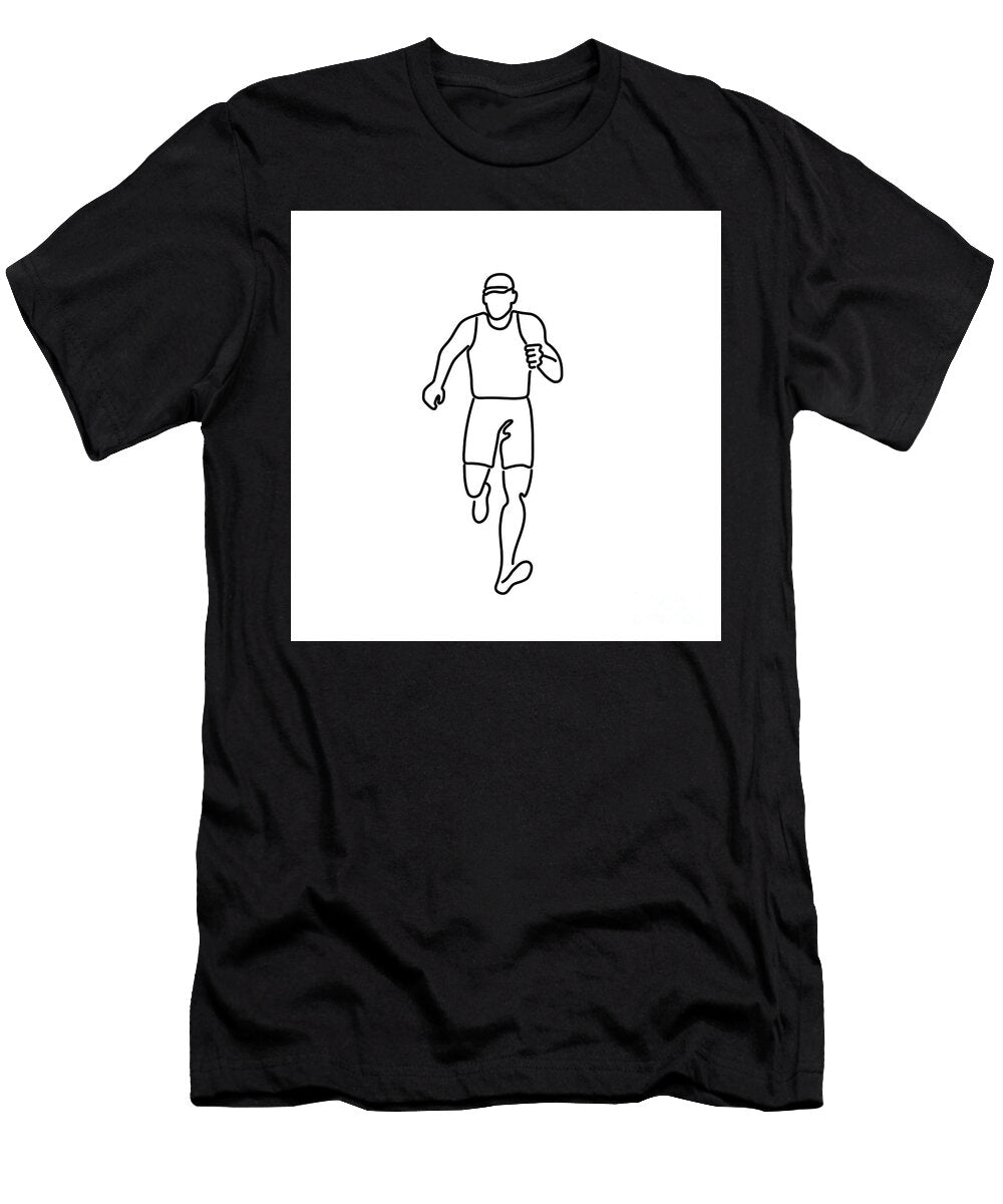 Male Marathon Runner Running Front View Line Drawing Black and White Aloysius Patrimonio T-Shirt