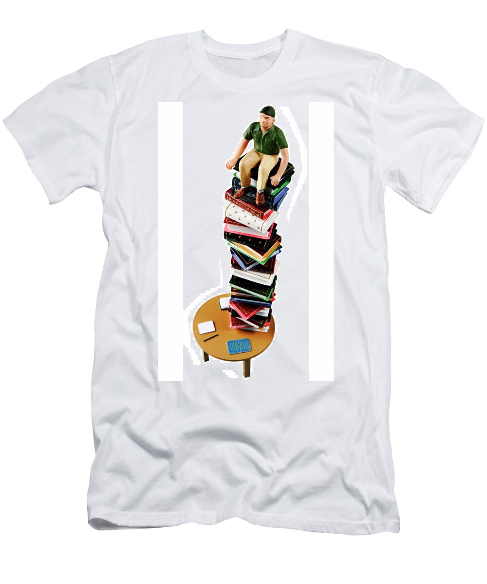 Man Sitting on Stack of Books Csa Images T-Shirt