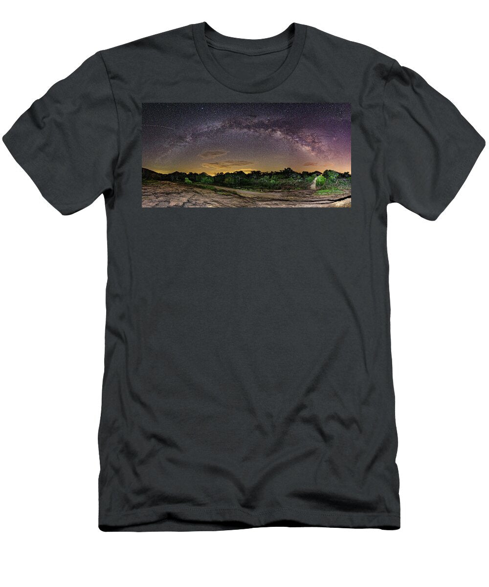 Marveling At the Creation of God Milky Way Panorama At Enchanted Rock Texas Hill Country Silvio Ligutti T-Shirt