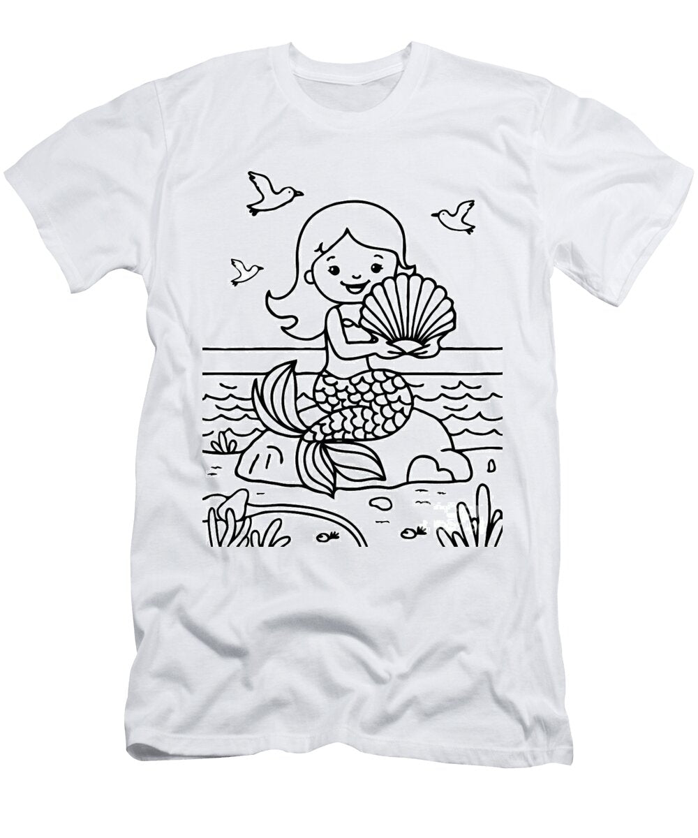 Mermaid on a Rock Kids Coloring Page Raven Glow T-Shirt