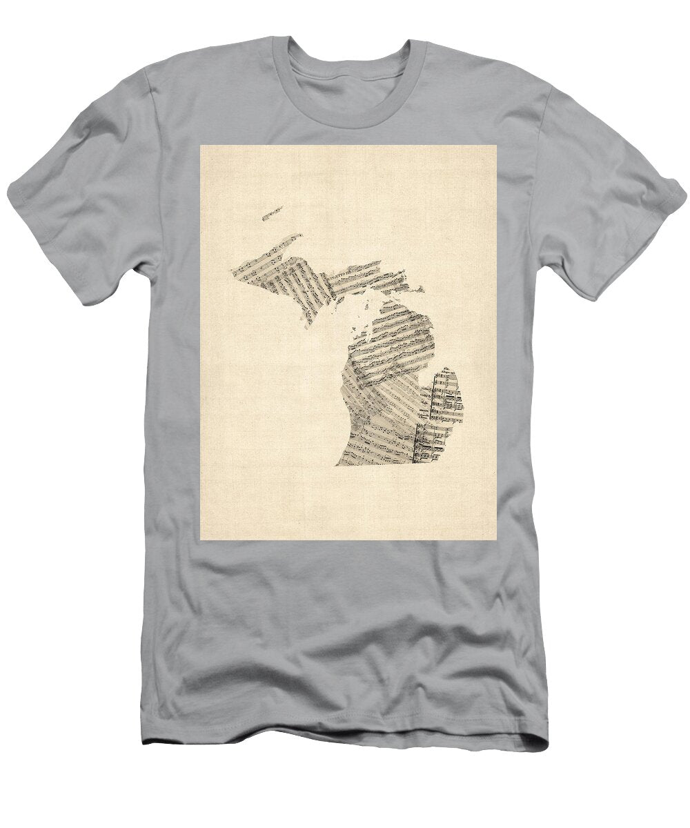 Michigan Map Old Sheet Music Map Michael Tompsett T-Shirt