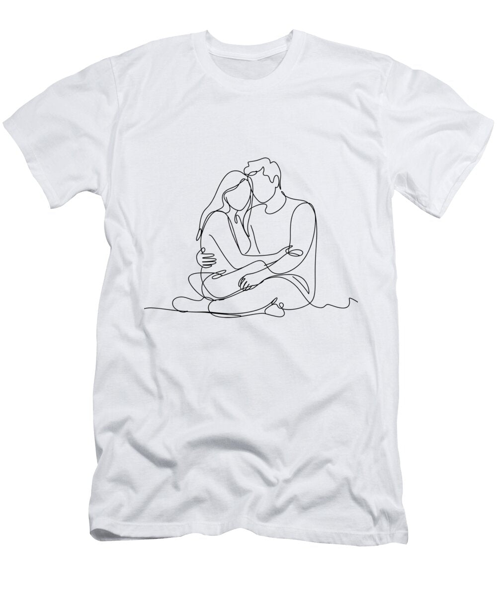 Minimalist Line Drawing of an Intimate Couple Embrace Mounir Khalfouf T-Shirt