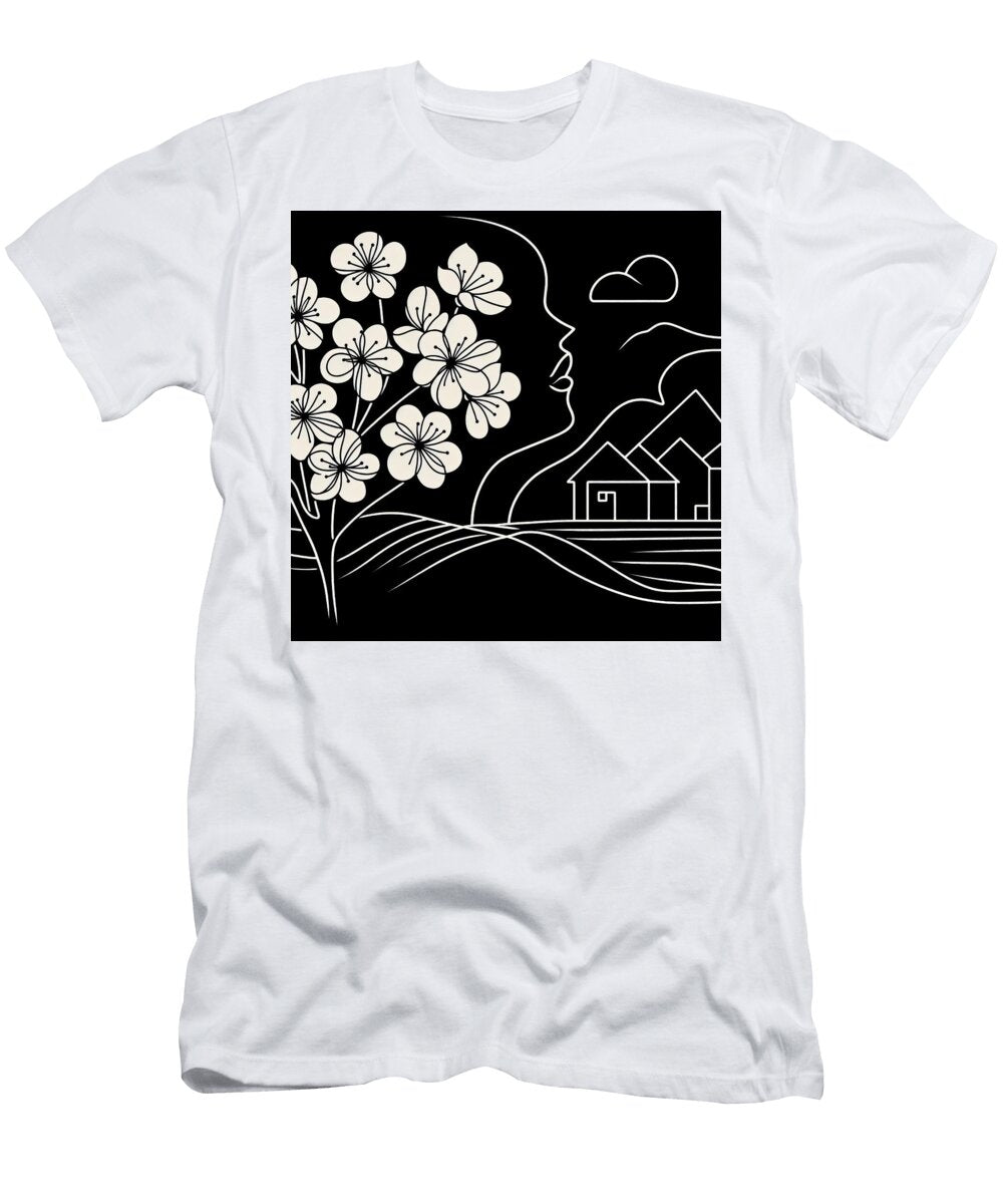 Minimalist White Line Art Profile with Cherry Blossoms and Mountain Village on Black Talha Khan T-Shirt