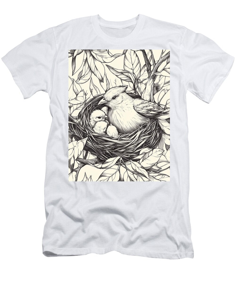 Mother Bird Protects Chicks in Nest Among Leaves Olivia Lissa T-Shirt