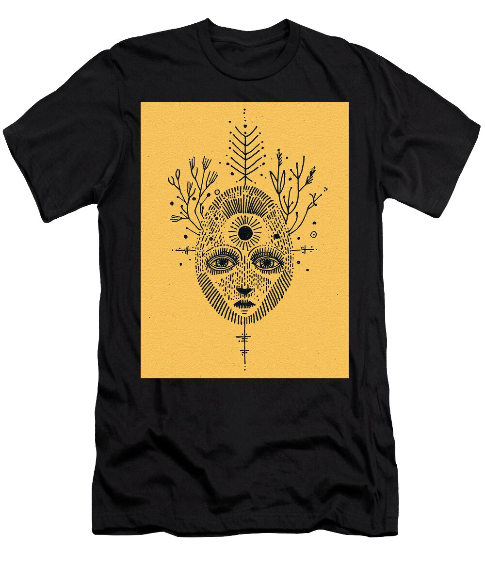 Mystical Face with Floral Celestial Elements on Yellow Backgrou Jonesa Vanes T-Shirt