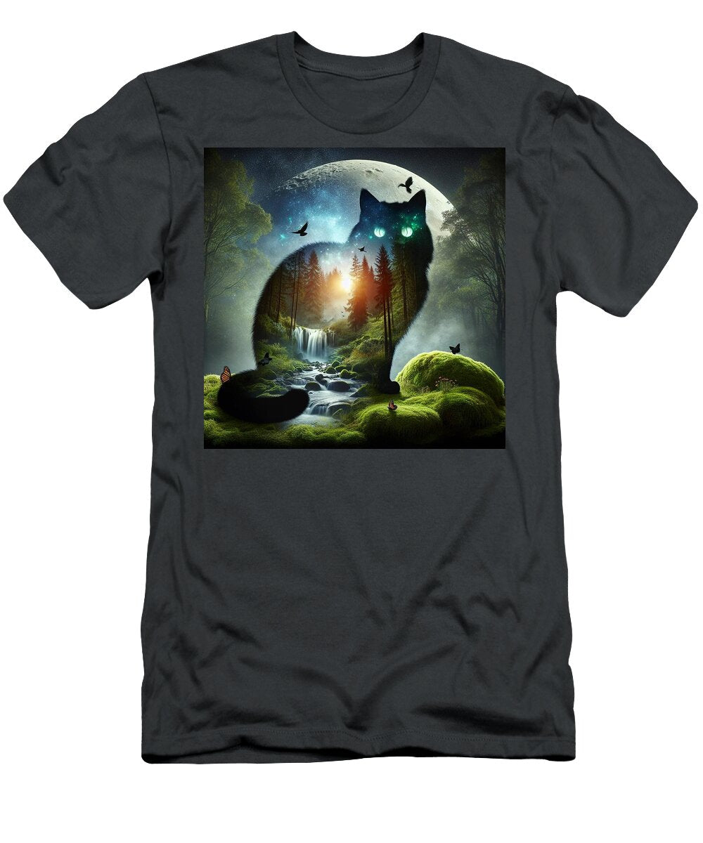 Mystical Moon Cat Landscape Fantasy Cat Silhouette Black Cat Mounir Khalfouf T-Shirt