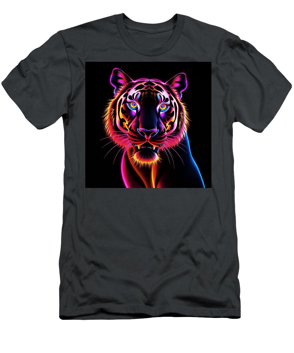 Neon Lineart Tiger Portrait Glen Chapman T-Shirt