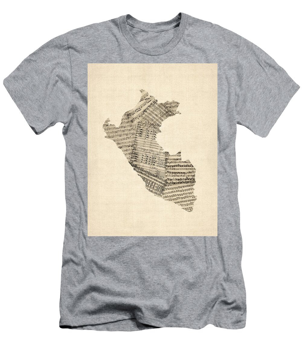 Old Sheet Music Map of Peru Map Michael Tompsett T-Shirt