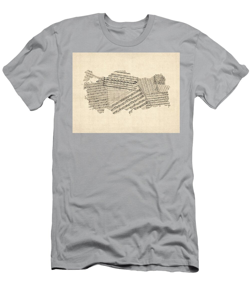 Old Sheet Music Map of Turkey Map Michael Tompsett T-Shirt