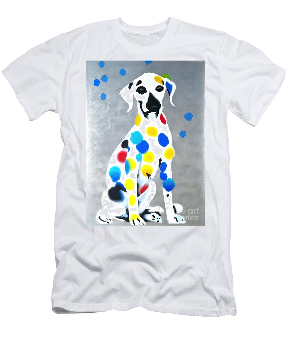 Painting Damien S Dotty Spotty Puppy Dawg Blue on N Akkash T-Shirt