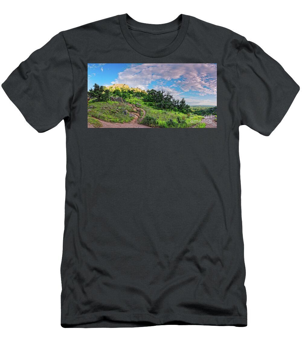 Panorama of Turkey Peak and Hiking Trails At Enchanted Rock Gillespie County Texas Hill Country Silvio Ligutti T-Shirt