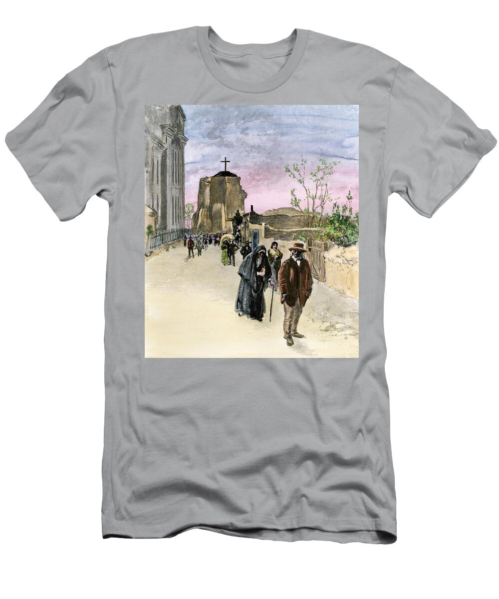 Parishioners Leaving San Miguel Mission Church in Santa Fe Nm 1890s Hand Colored Halftone Reproduction of a 19th Century Illustration American School T-Shirt
