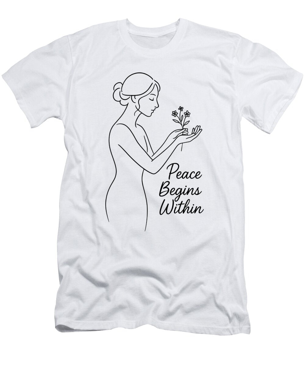 Peace Begins Within Minimalist Line Drawing of a Woman with Flowers and Inspirational Quote Mounir Khalfouf T-Shirt