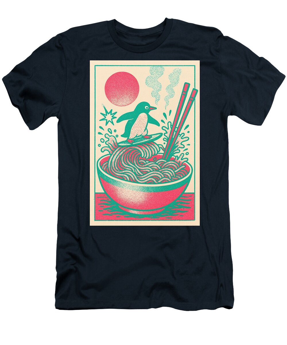 Penguin Surfing on Noodles Lukasz Czajkowski T-Shirt