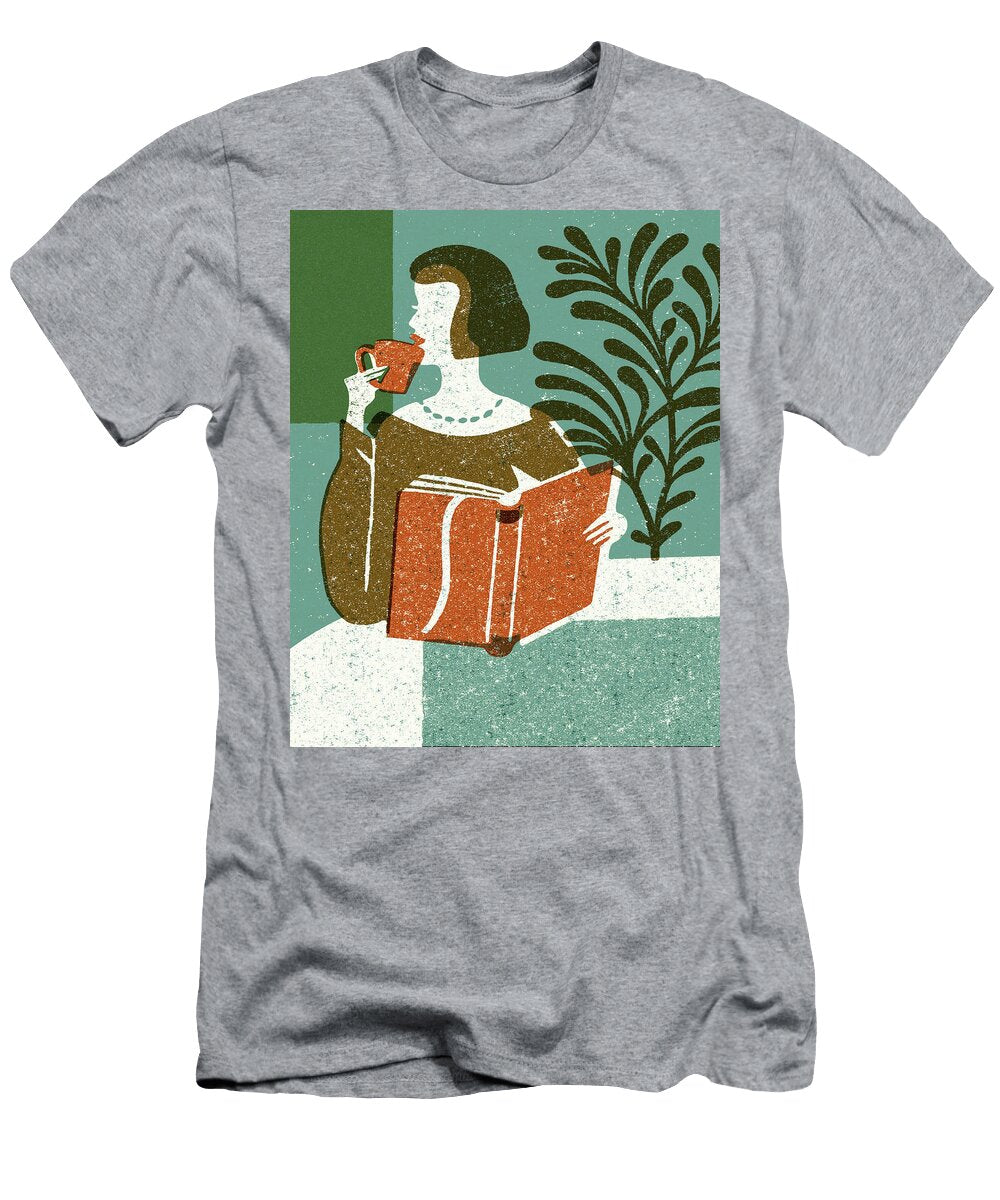 Person Drinking Coffee and Holding a Book Csa Images T-Shirt