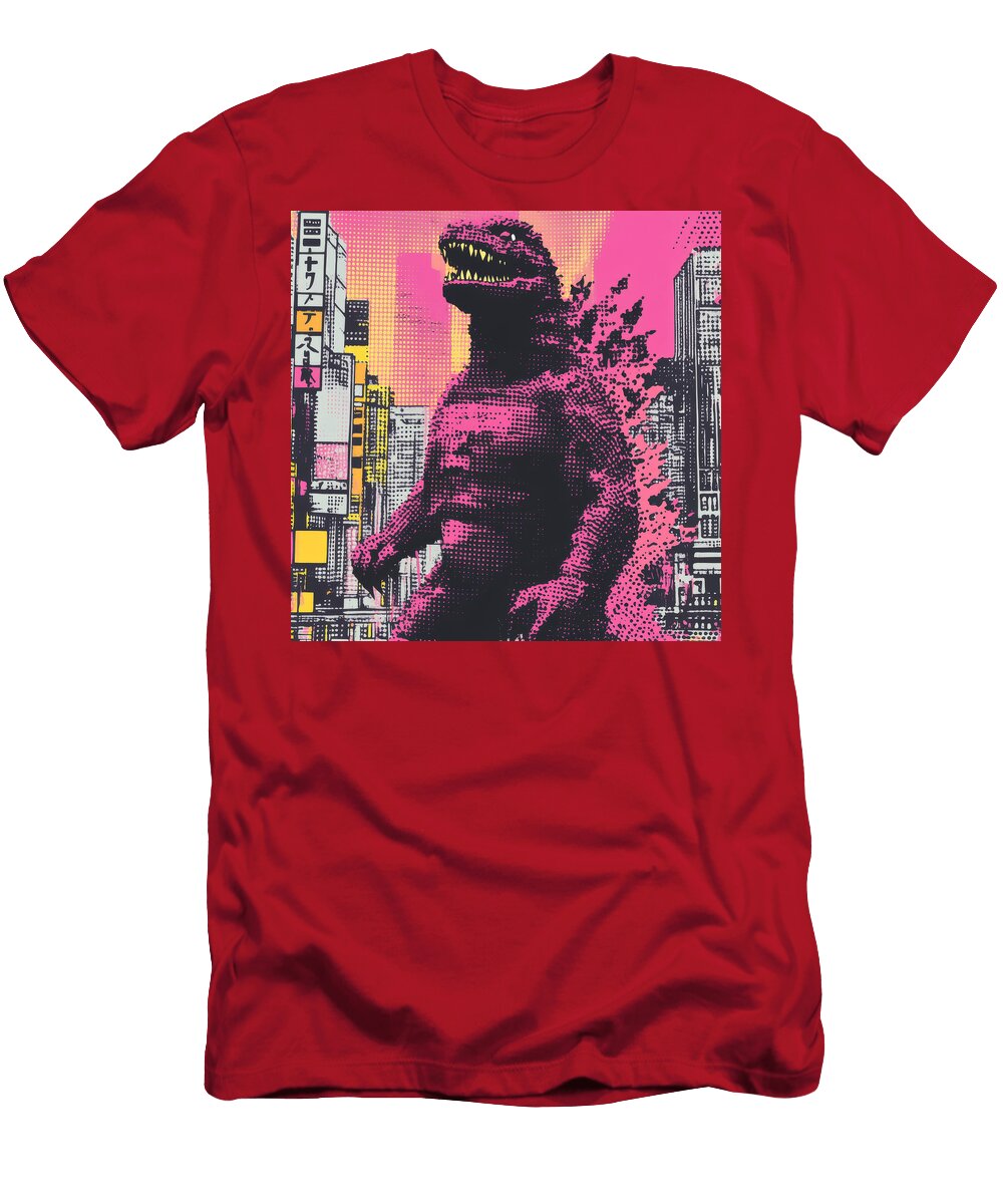 Pink Godzilla Destroys a Neon Lit Cityscape Jodie Tamfa T-Shirt