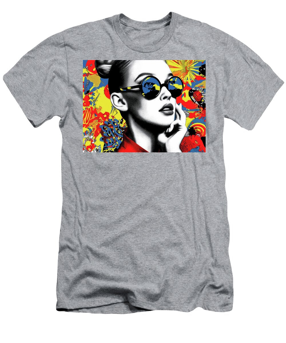 Pop Art Woman with Sunglasses and Colorful Abstract Graffiti Background Jirka Svetlik Studio Illuvision T-Shirt