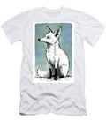 Portrait of a Fox with Ink Drawing Lines Against Blue Backdrop Wall Art Prints T-Shirt