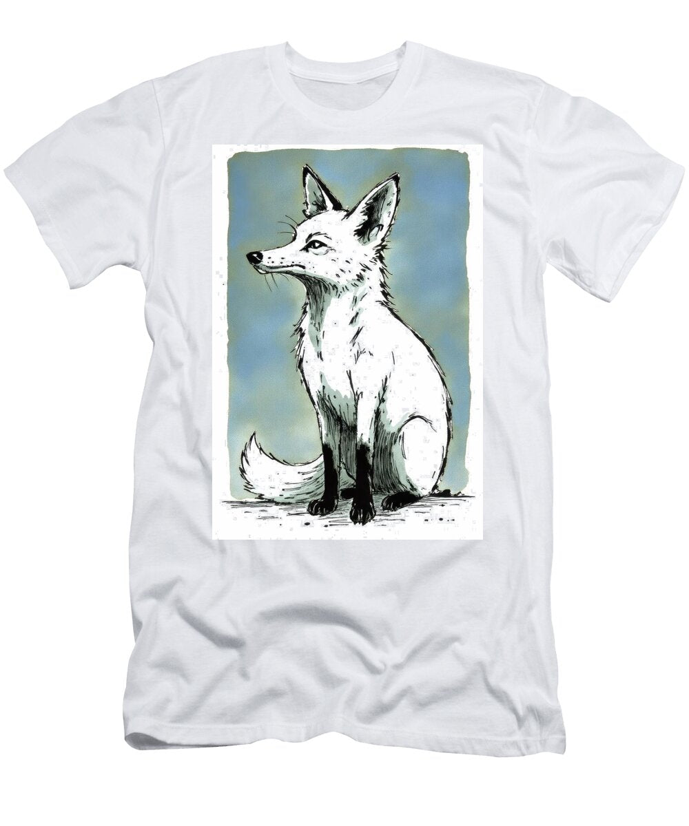 Portrait of a Fox with Ink Drawing Lines Against Blue Backdrop Wall Art Prints T-Shirt