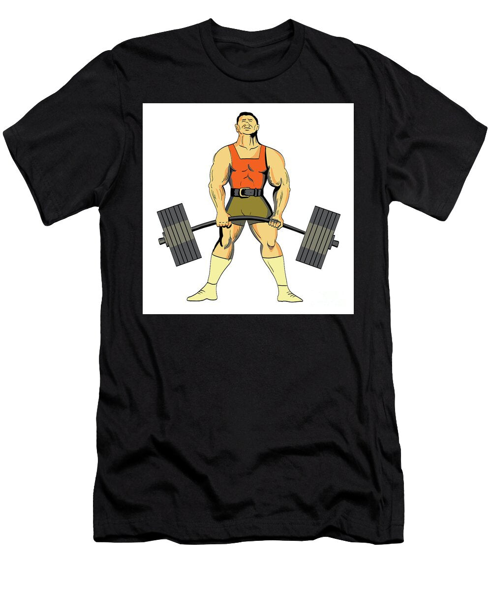 Powerlifter Performing Deadlift with Barbell Front View Retro Tattoo Aloysius Patrimonio T-Shirt