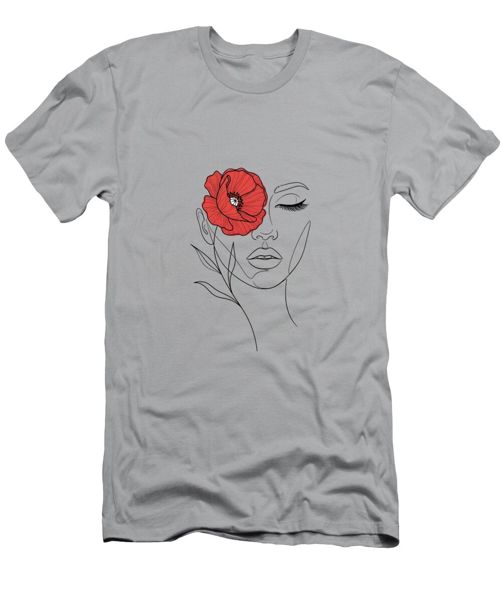Red Floral Line Art Portrait Mounir Khalfouf T-Shirt