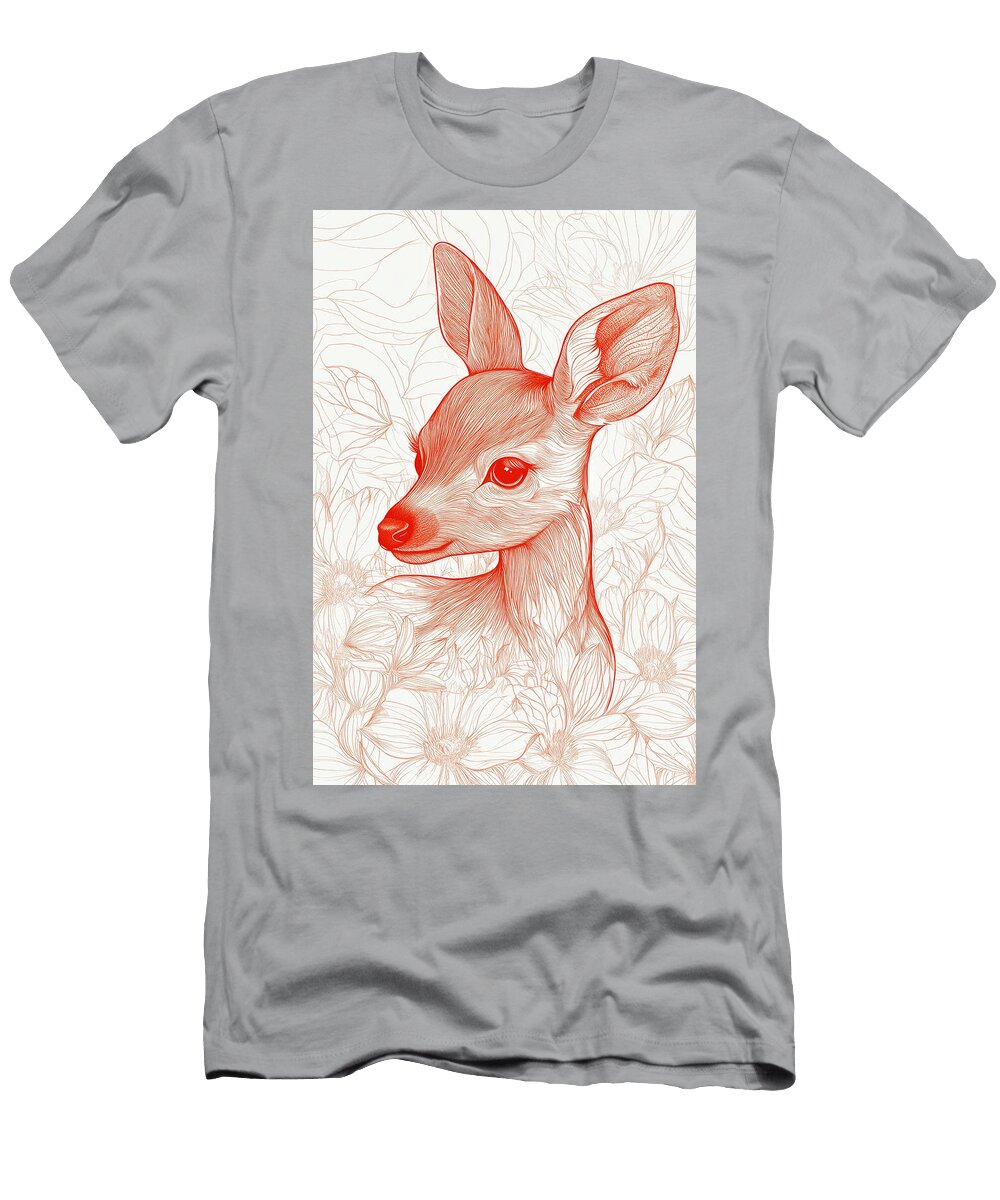 Red Line Art Drawing of a Deer Fawn Among Flowers Walama Sumini T-Shirt