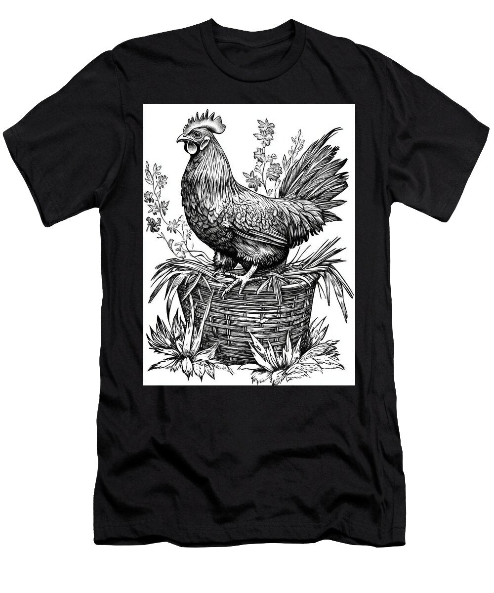 Rooster Perched on a Woven Basket with Plants Vintage Engraving Kristina Douy T-Shirt