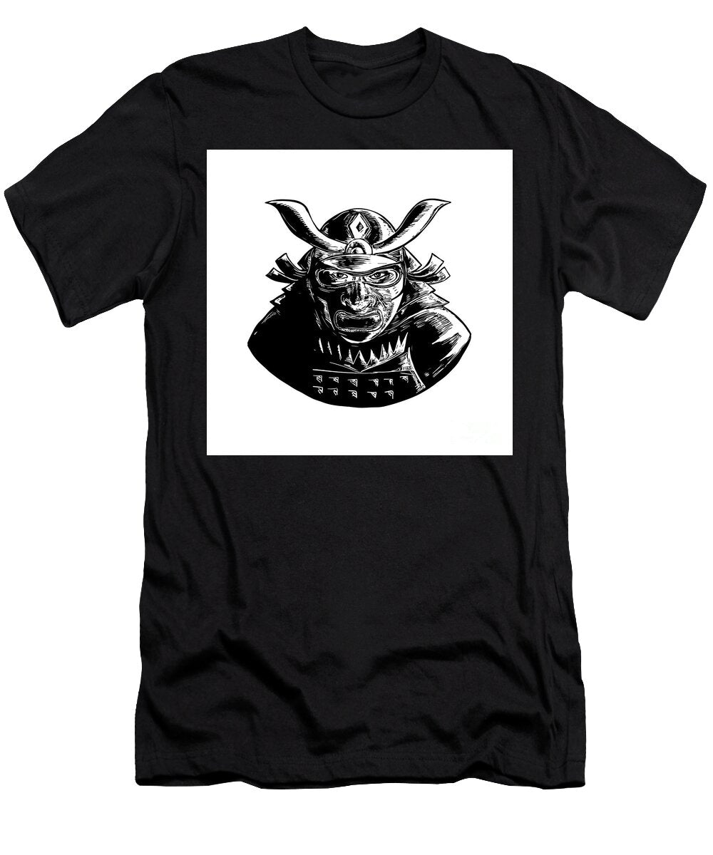 Samurai Warrior Wearing Mempo Woodcut Aloysius Patrimonio T-Shirt