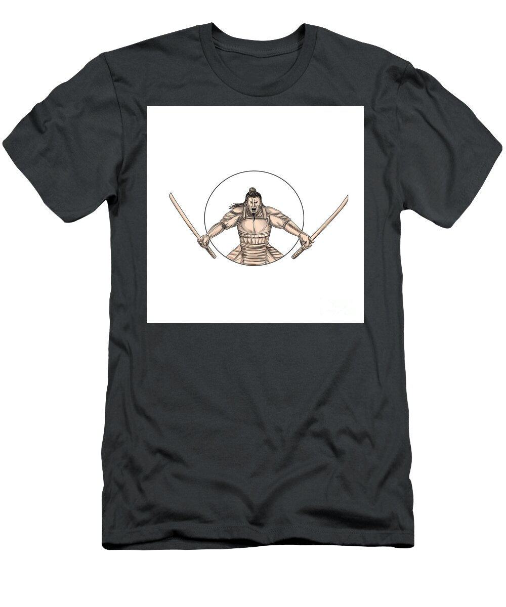 Samurai Warrior Wielding Two Swords Tattoo Aloysius Patrimonio T-Shirt