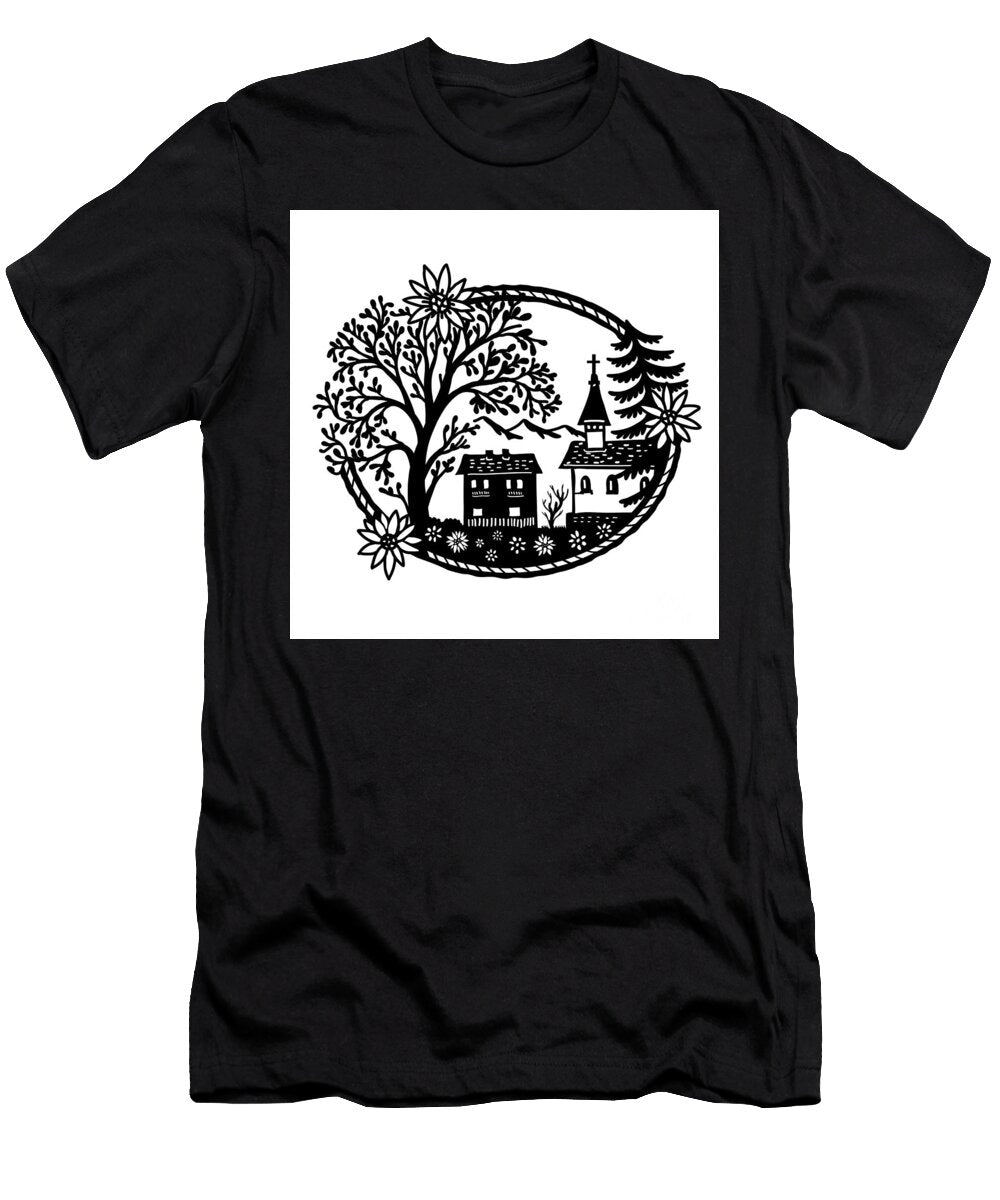 Schaffhausen Regional Nature Park Church of Opfertshofen Swiss Scherenschnitte Paper Cut Style Aloysius Patrimonio T-Shirt