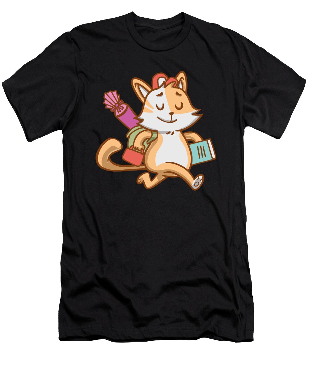 School Kid 1st Class Cartoon Cat Going to School Licensed Art T-Shirt