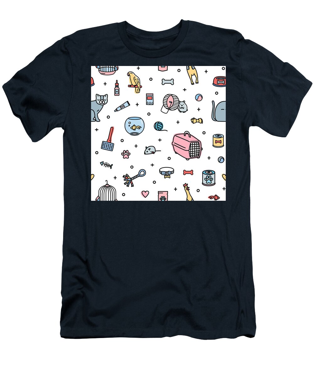 Seamless Pattern with Pet Shop Goods and Cute Domestic Animals O Rhandz Ballesteros T-Shirt