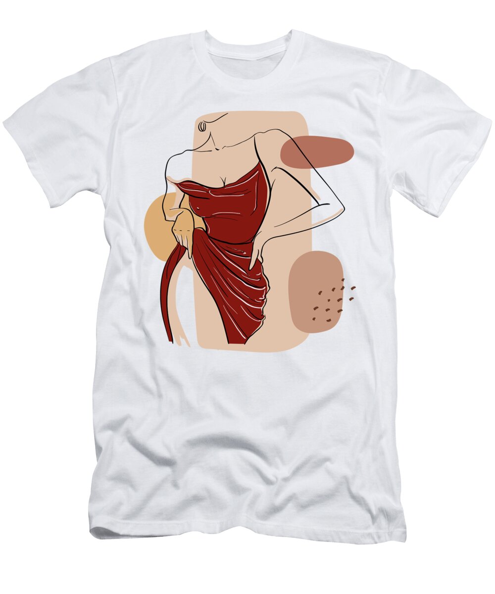 Sexy Woman Hand on Hip Hot Body Posing in Red Dress Nordic Minimalist Figures Line Art Mounir Khalfouf T-Shirt