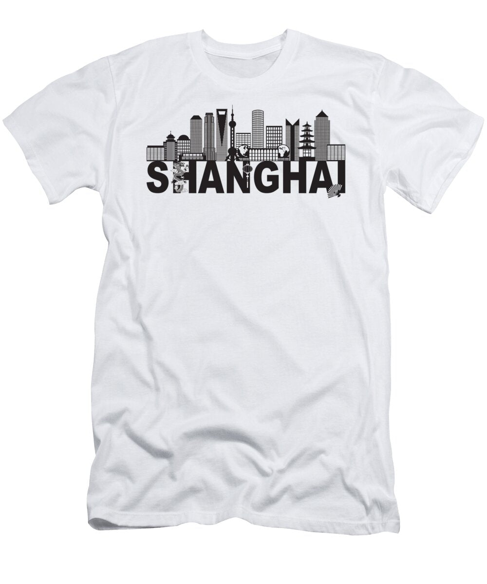 Shanghai China Skyline Text Black and White Illustration Jit Lim T-Shirt