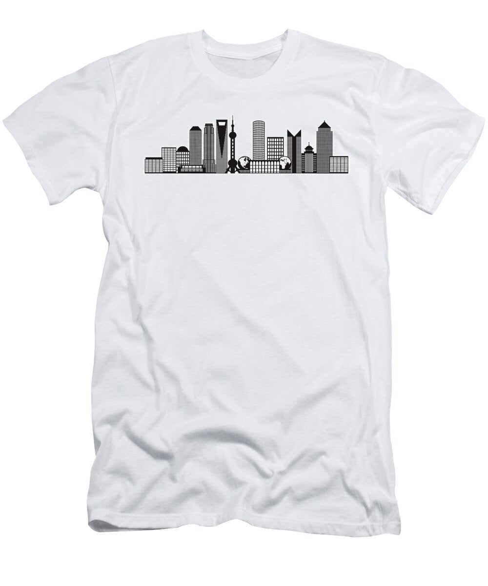 Shanghai City Skyline Black and White Outline Illustration Jpldesigns T-Shirt