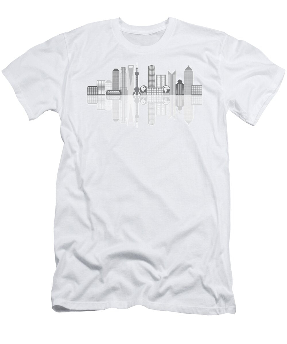 Shanghai City Skyline Grayscale Outline Illustration Jpldesigns T-Shirt