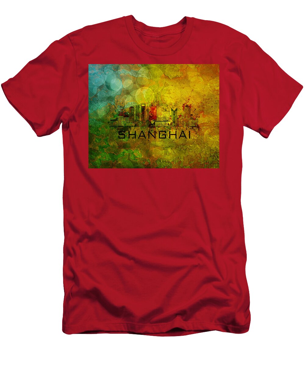 Shanghai City Skyline on Grunge Background Illustration Jit Lim T-Shirt