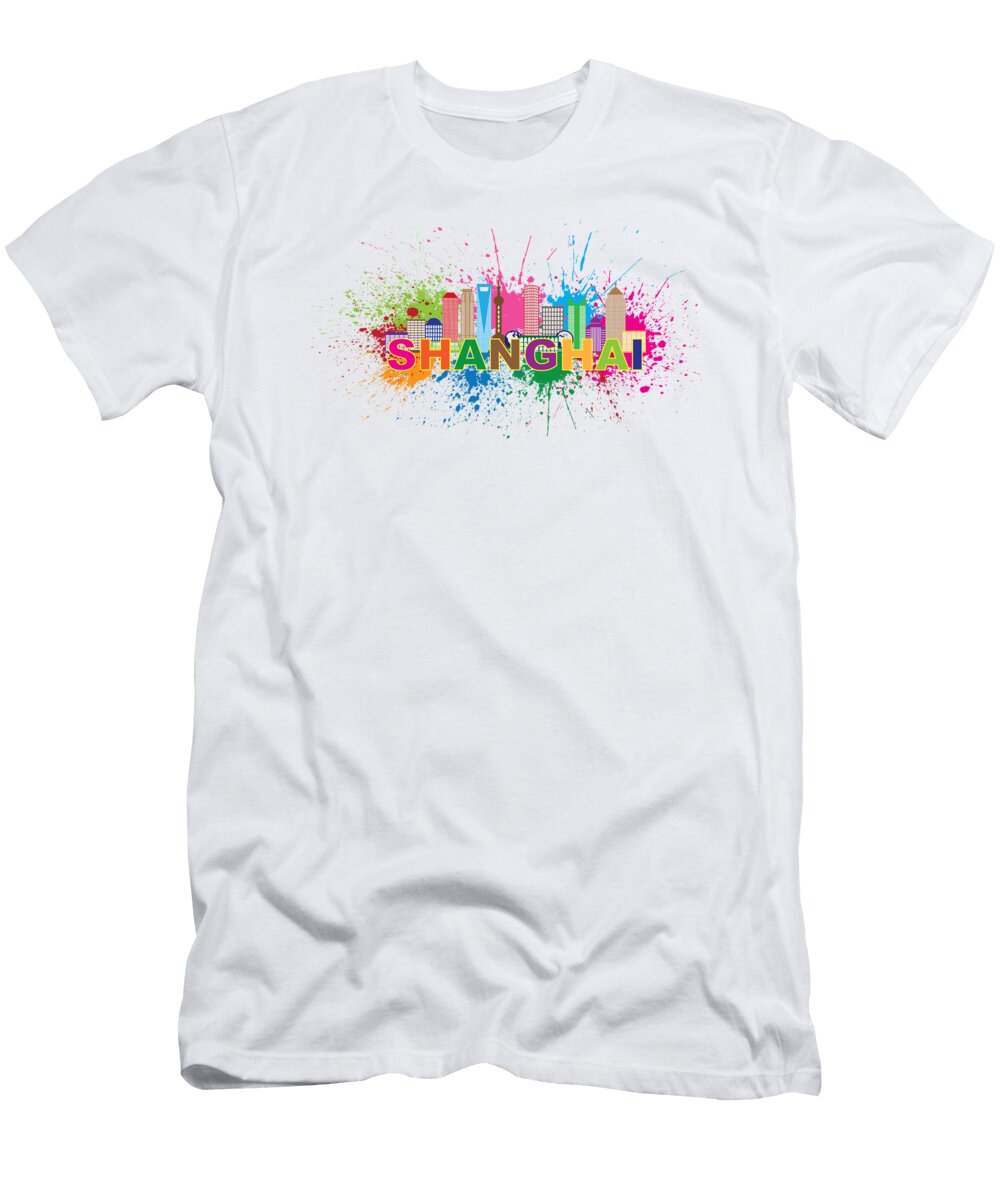Shanghai Skyline Paint Splatter Text Illustration Jit Lim T-Shirt