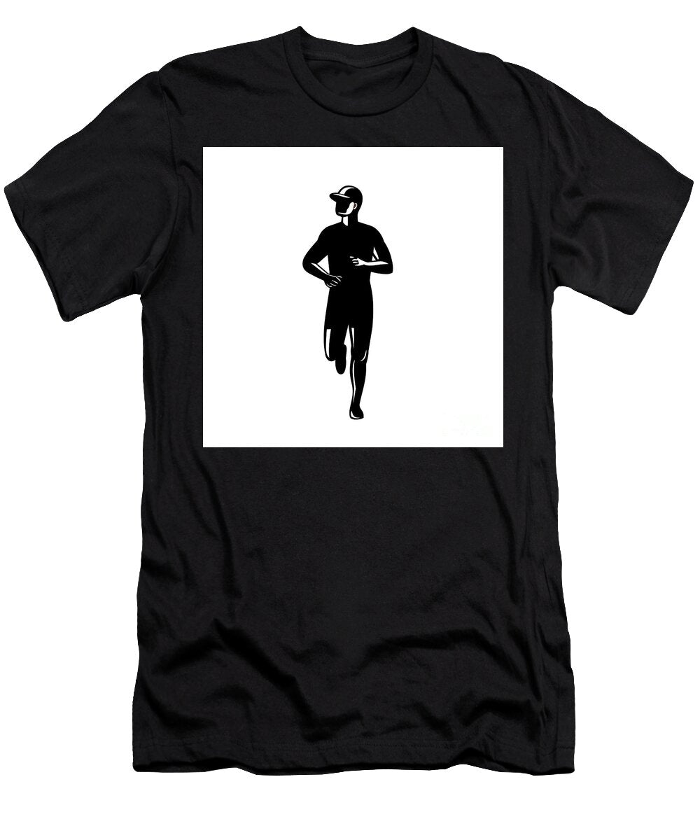 Silhouette of Country Marathon Runner Running Front View Retro Black and White Aloysius Patrimonio T-Shirt