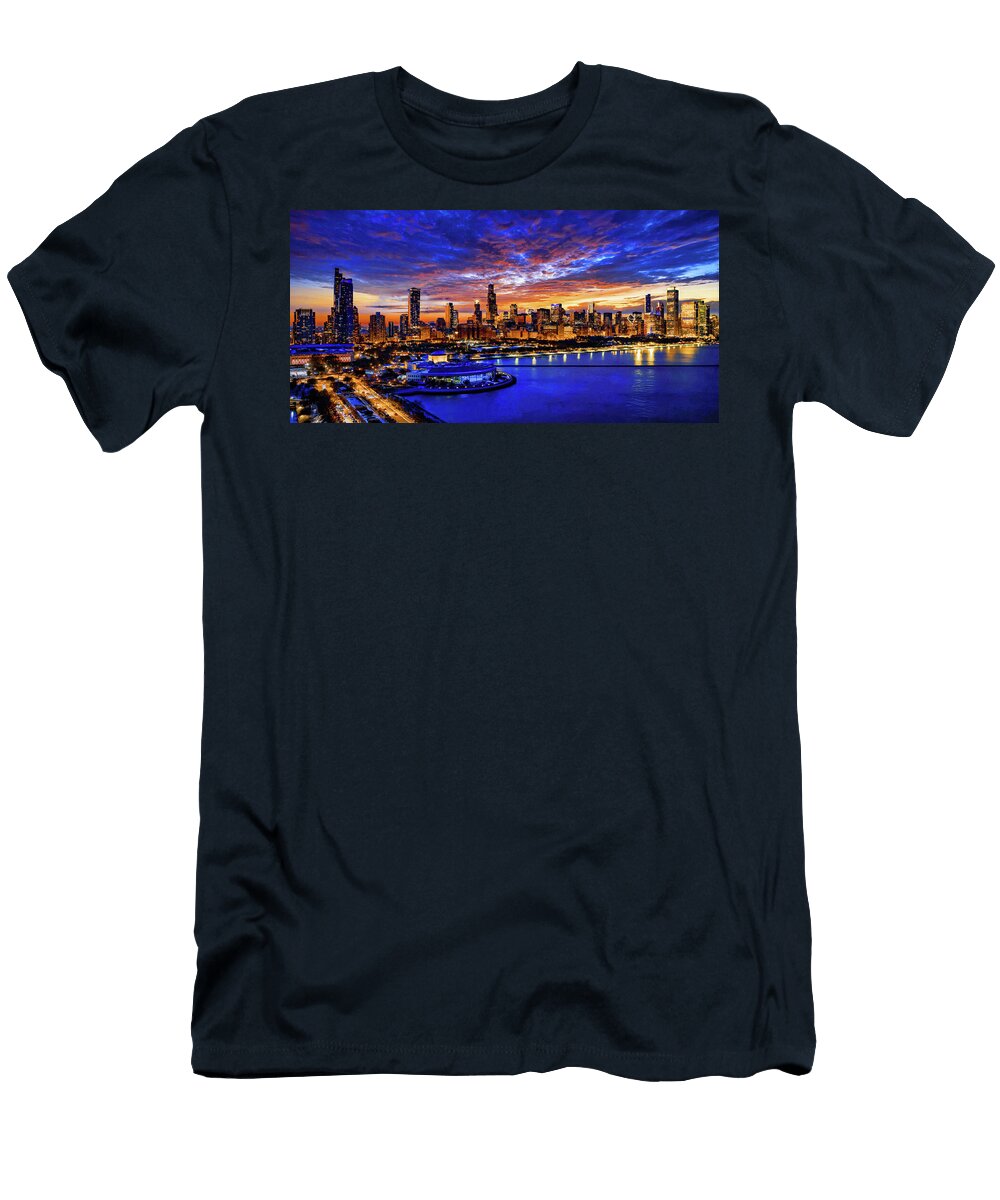 Skyline of Downtown Chicago As Seen From the Museum Campus At Blue Hour Digital Painting Nicko Prints T-Shirt