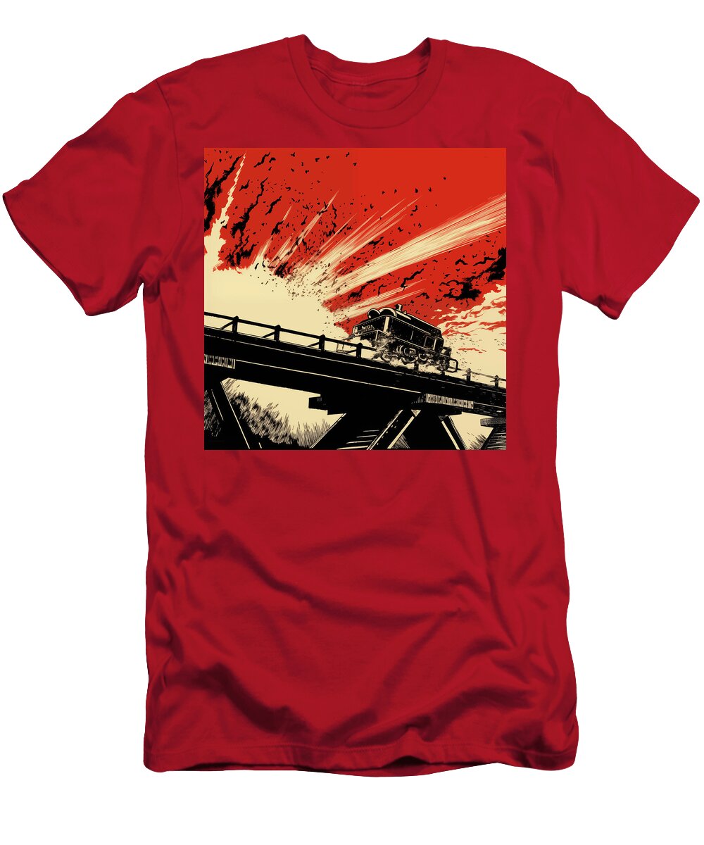 Small Train on Bridge Comic Book Panel Art 32 Mad Paperairplanes T-Shirt