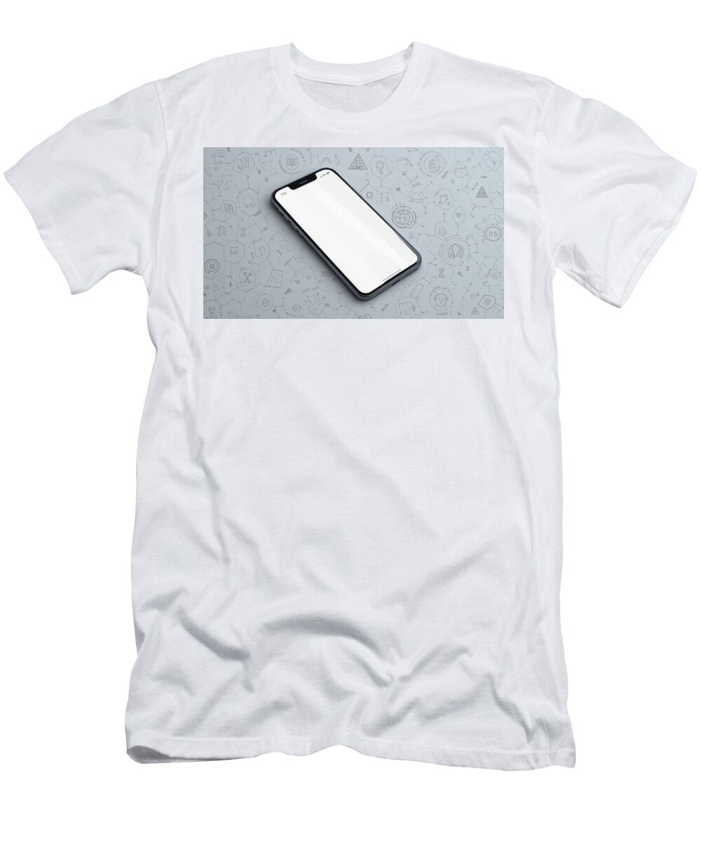 Smartphone Mockup with Blank White Screen on Minimalist Grey Background with Creative Linear Icons a Talha Khan T-Shirt