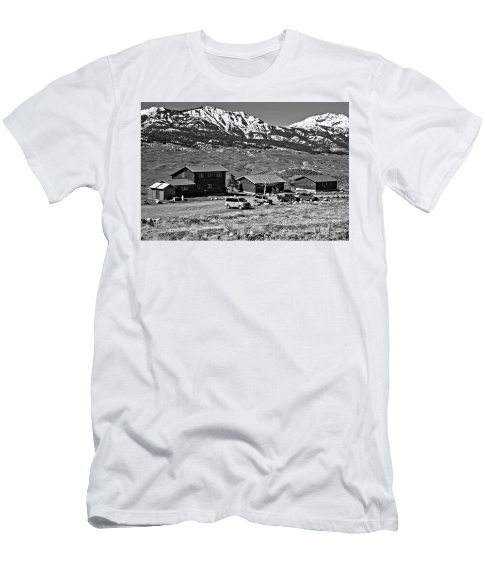 Snow Caps Behind the Yellowstone Forever Campus Black and White Adam Jewell T-Shirt