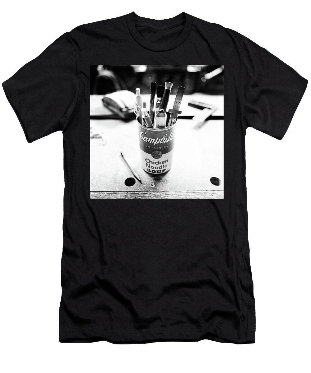 Soupcan Pencil Holder on Workbench in Bw Yopedro T-Shirt